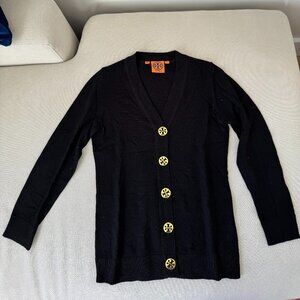 Tory Burch Black Simone Merino Wool Sweater Cardigan, 3/4 sleeves